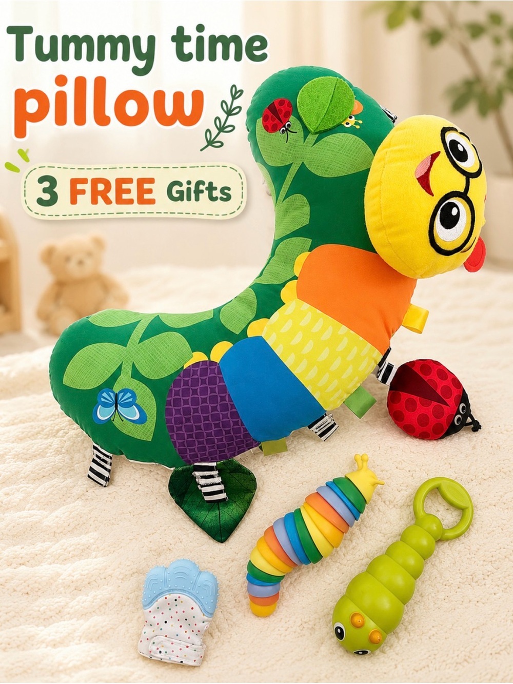 Baby Einstein Tummy Time Caterpillar Sensory activity pillow + free rattle toys